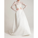 Discount High-Neck Chapel Train Satin Wedding Dresses with Long Lace Sleeves and Bow Detail