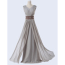 Elegant A-Line V-Neck Chiffon Evening Dress with Ruched Belt and Beaded Rhinestone Detail