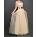 Pretty Illusion Neckline Pleated Tulle Evening Dresses with Beaded Waist