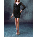 Sexy Sheath V-Neck Short Lace Black Semi Cocktail Dresses with Long Sleeves