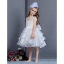 Cute Ball Gown Illusion Tulle Neckline Knee Length Layered Skirt Organza Flower Girl Dresses with Appliques and Bowknot