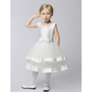 Plain Cute A-line Beaded Neckline Knee Length Satin First Communion Dresses with Layered Tulle Skirt