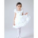 New Style Cute Pouf Neckline Organza and Satin Beaded Applique First Communion Dresses with with Pick-up Layered Skirt