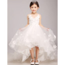 Charming Spaghetti Straps V-neck High-Low Girls First Communion Dresses with Sash/ Asymmetrical Hem Satin and Tulle F