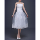 Pretty Strapless Tea-Length Tulle Reception Wedding Dresses with Beaded Applique