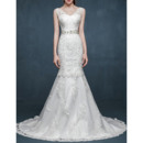 Exquisite Mermaid V-Neck Lace Appliques Wedding Dresses with Beaded Belt