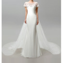 Elegant Beaded Illusion Neckline Tulle Wedding Dresses with Short Sleeves