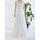 Elegant Illusion Neckline Wedding Dresses with 3/4 Sleeves and Scalloped Trim Detail