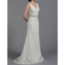 Elegant Sheath Double V-Neck Full Length Lace Wedding Dresses with Beadings Crystal Belt