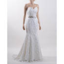 Romantic Mermaid Sweetheart Sweep Train Lace Wedding Dress with 3D Flower Waistband