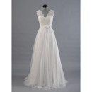 Elegant Double V-Neck Sweep Train Appliqued Tulle Wedding Dresses with Flower Waistband