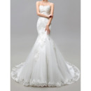 Perfect Trumpet Strapless Tulle Over Satin Wedding Dresses with Appliques Beaded