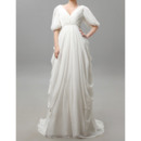 Victorian V-Neck Chiffon Wedding Dresses with Half Balloon Sleeves and Cascade Skirt