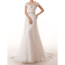 Elegance Cap Sleeves Applique Tulle Wedding Dresses with Beaded Waist and Sweetheart Neck