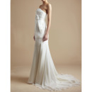 Simple Sheath Strapless Chiffon Wedding Dresses with Hand-made Flowers with Side Draping