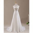 Discount Halter-neck Pleated Chiffon Wedding Dresses with Beaded Appliques Waist