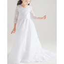 Classic Full Length Satin Organza Flower Girl Dresses with Long Sleeves/ White First Communion Plus Size Dresses