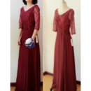 Elegant Double V-Neck Full Length Lace Chiffon Mother of The Bride Dresses with Half Sleeves