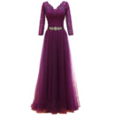 Perfect V-Neck Tulle Over Lace Mother Dresses for Party with 3/4 Length Sleeves