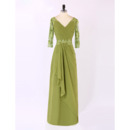 Modest V-Neck Long Appliques Chiffon Plus Size Mother of The Bride Dresses with 3/4 Long Sleeves and Front Ruffles