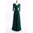 Modest Full Length Ruching Chiffon Mother Dresses for Wedding Party with 3/4 Long Sleeves