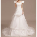 Romantic Floral Applique Off-the-shoulder Organza Wedding Dresses with Pick-up Skirt and Handmade Flowers