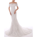 Beautiful Off-the-shoulder Appliques Beading Tulle Wedding Dresses with Short Sleeves
