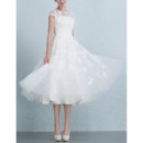 Affordable Floral Applique Tea Length Tulle Wedding Dresses with Slight Cap Sleeves