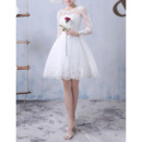 Discount Ball Gown Illusion Neckline Short Tulle Wedding Dresses with Long Sleeves and Appliques