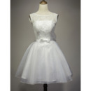 Simple Illusion Neckline Short Lace Wedding Dresses with Organza Skirt and Big Bowknot