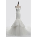 Feminine Crystal Beading Neckline Lace Over Tulle Wedding Dresses with Layered Hi-low Skirt