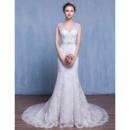 Stylish Sheath V-Neck Court Train Lace Wedding Dresses/ Dramatic Beaded Crystal Bride Gowns with Open Back
