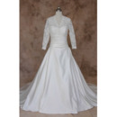 Vintage A-Line V-Neck Satin Wedding Dresses with Long Sleeves and Ruched Waist