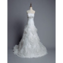 Attractive Strapless Floral Chapel Train Wedding Dresses/ Romantic Ruched Bodice Bride Gowns with Crystal Beading