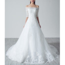 Feminine Off-the-shoulder Tulle Wedding Dresses with Half Sleeves/ Delicate Appliques Beaded Bride Gowns
