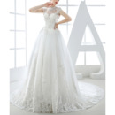 Luxurious Beading Appliques Crew Neck Tulle Wedding Dress with Cap Sleeves and Illusion Back