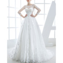 Gorgeous Ball Gown Crystal Applique Tulle Wedding Dresses with Long Illusion Sleeves