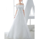 Affordable A-Line Off-the-shoulder Tulle Over Lace Wedding Dresses with Short Sleeves
