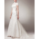 Vintage High-Neck Appliques Tulle Wedding Dress with Cap Sleeves and Dramatic Illusion Back