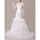 Romantic Lace Bodice Wedding Dresses with Cap Sleeves and Layered Tull Skirt