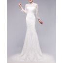 Classic Sheath High Neck Lace Wedding Dresses with Long Sleeves and Keyhole