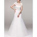Discount Appliques Illusion Neckline Tulle Wedding Dresses with Cap Sleeves and Belts
