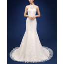 Elegantly Sheath Illusion Neckline Tulle Wedding Dresses with Floral Applique
