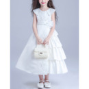 Pretty Unique Lapel Tea Length Satin Taffeta Asymmetric Ruched Tiered Flower Girl Dresses with Appliques Beaded