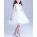 Beautiful Ball Gown Short Satin Tulle Flower Girl Dresses with Long Sleeves with Beaded Crystal Detailing