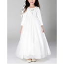 Inexpensive Ankle Length Satin Tulle First Communion Dresses with Long Sleeves and Crystal Detailing