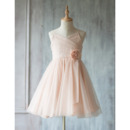 Inexpensive A-Line Spaghetti Straps Short Ruching Tulle Flower Girl Dresses with Hand-made Flowers