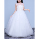 Pretty Ball Gown Illusion Neckline Full Length Tulle Flower Girl Dresses/ White Beaded Appliques First Communion Dresses
