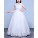 Pretty Ball Gown Full Length Lace Applique Flower Girl Dress with Belt/ White First Communion Dresses