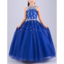 Gorgeous Ball Gown Sleeveless Full Length Tulle Flower Girl Dresses/ Luxury Crystal Beaded Girls Party Dresses